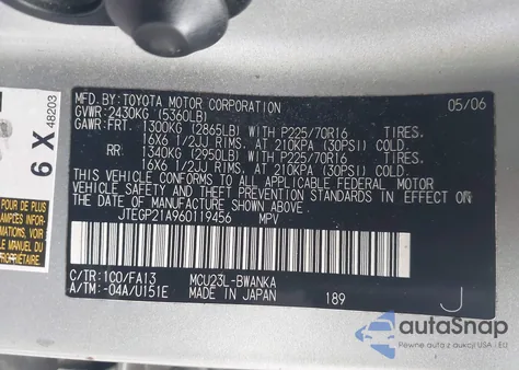 2006 Toyota Highlander V6 z USA, uszkodzony, nr VIN JTEGP21A960119456